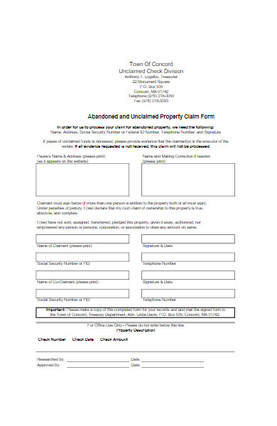 abandoned and unclaimed property claim form