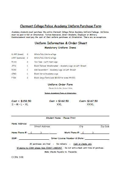 academy uniform purchase form