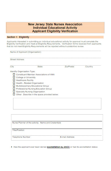 activity application eligilibity verification form