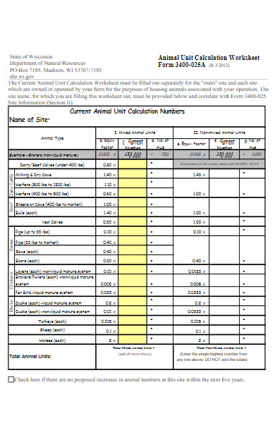 animal calculation worksheet form