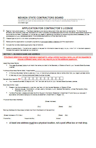 application form for contractor’s license