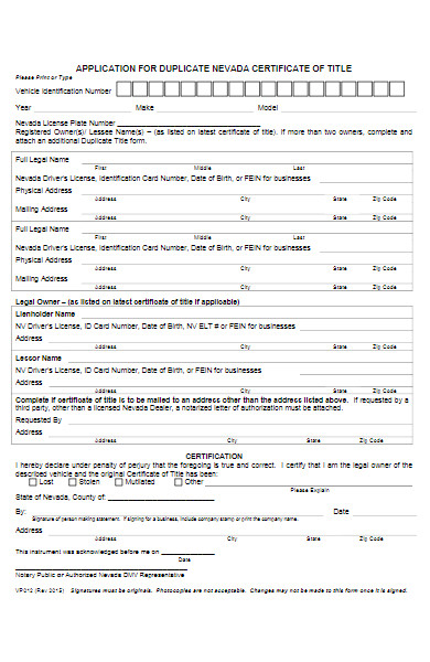 application form for duplicate certificate of title