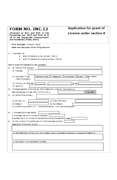 application form for grant of company license