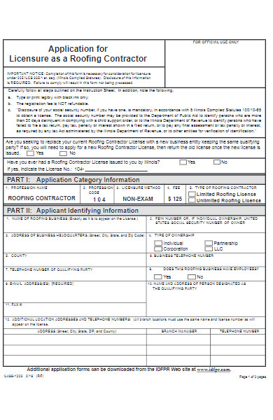 application form for licensure roofing contractor