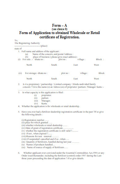 application form for retail certificate registration