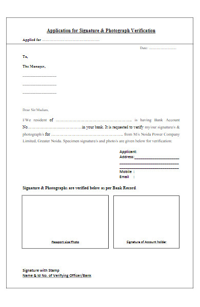 application form for signature and photograph verification