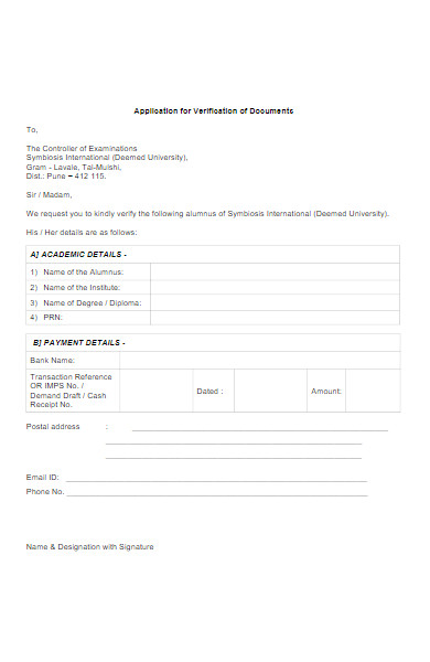 application form for verification of documents