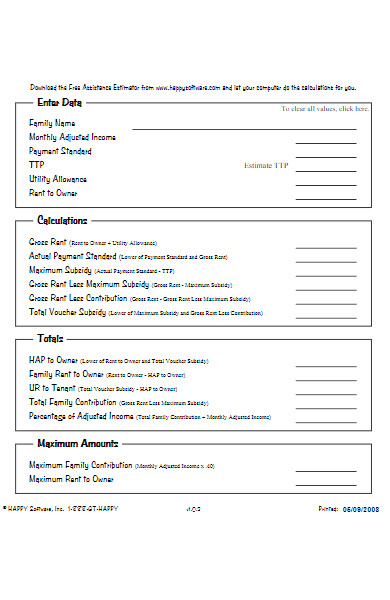 assistance voucher calculation estimator form