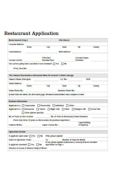 basic restaurant application form