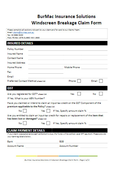 basic windscreen breakage claim form