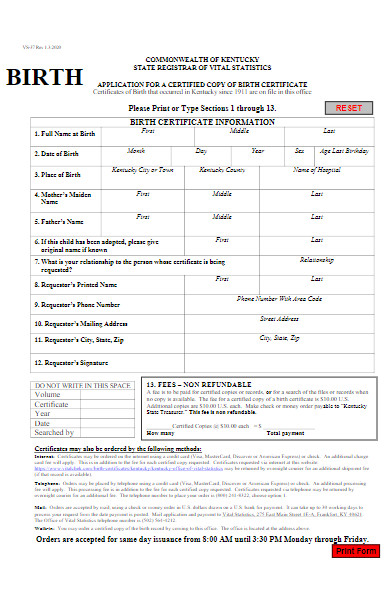 birth certificate information form