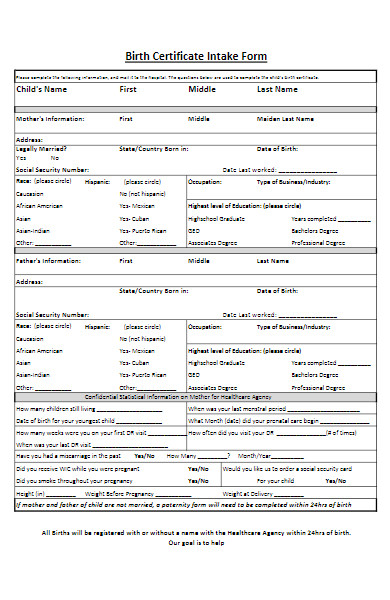 birth certificate intake form