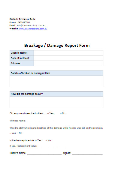 breakage damage report form