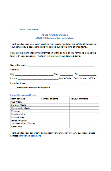 covid 19 donation item form