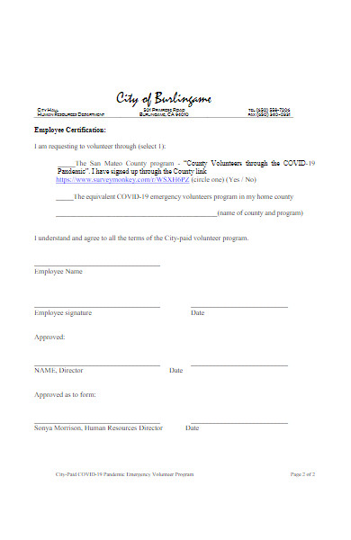 covid 19 employee volunteer application form
