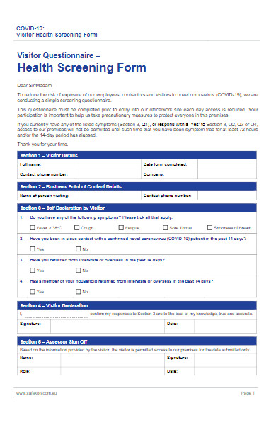 covid 19 visitor health screening form