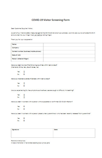 covid 19 visitor screening form