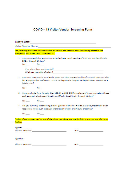 covid–19 employee visitor screening form
