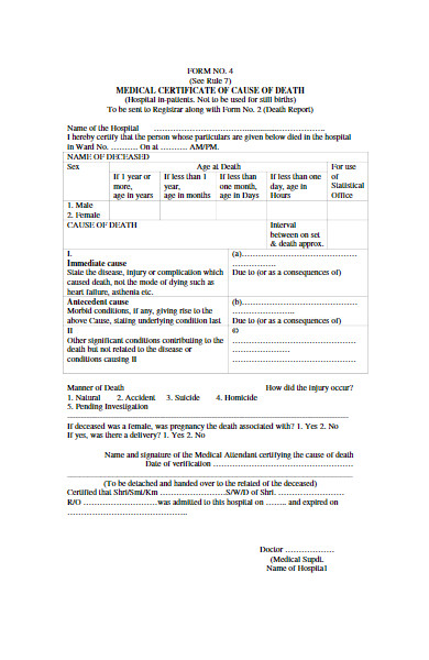 certificate form for cause of death