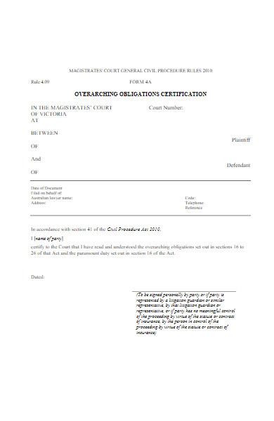 civil obligations certification form