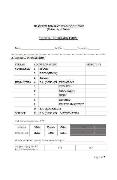 college student feedback forms