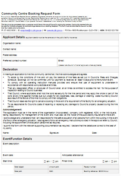community centre booking request form
