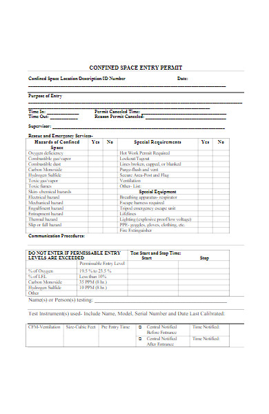 confined space entry permit form