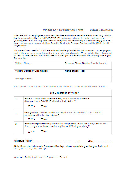 coronavirus visitor health self declaration form