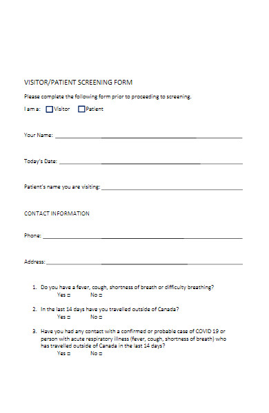 coronavirus visitor patient screening form