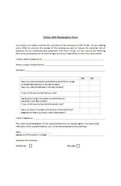 coronavirus visitor self declaration form