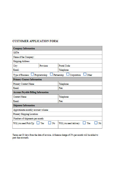 courier customer application form