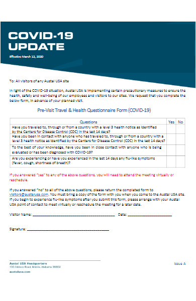 covid 19 visitor health questionnaire form