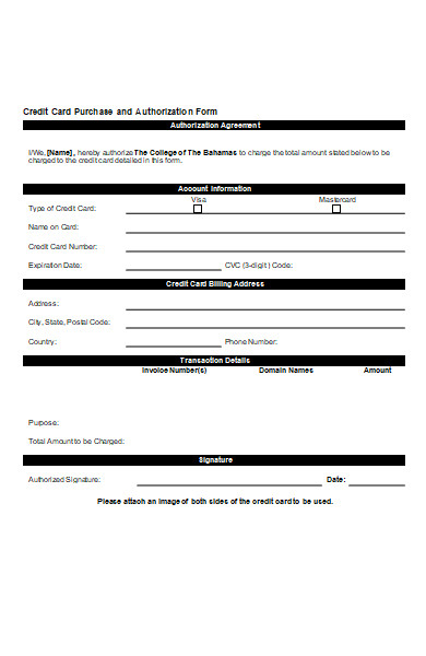 credit card purchase and authorization form