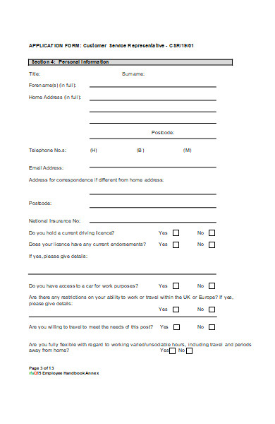 customer service representative application form