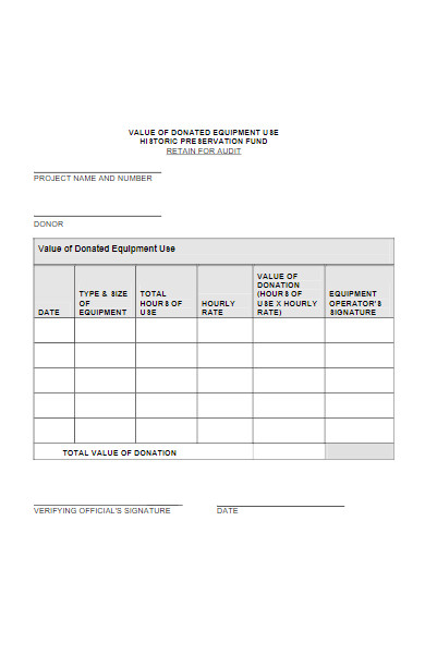 donated equipment value form