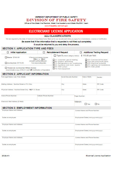 electricians’ license application form