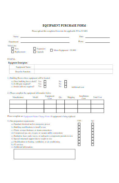 equipment purchase form sample