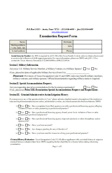 examination request form