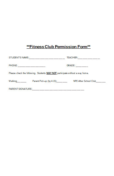 fitness club permission form
