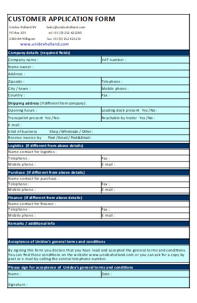 formal customer application form