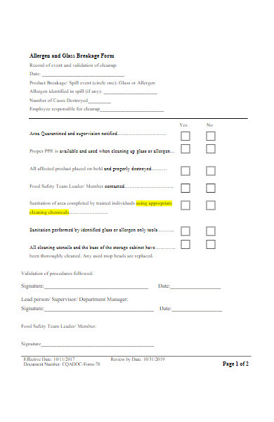 formal glass breakage form