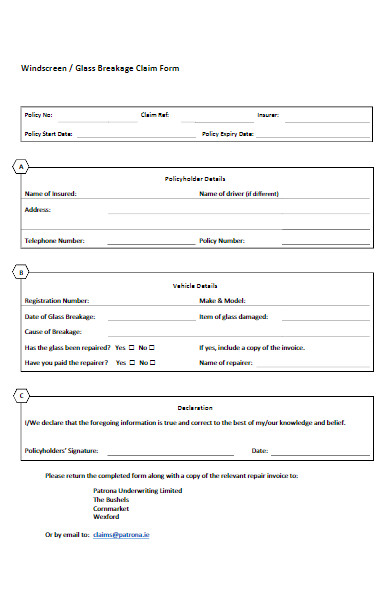 glass breakage claim form