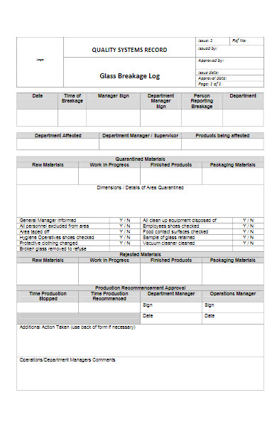 glass breakage log form