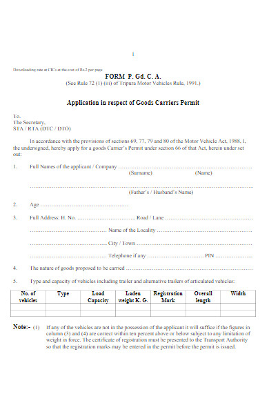 goods carriers permit form example