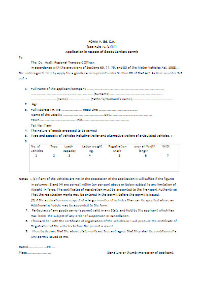 goods carriers permit form