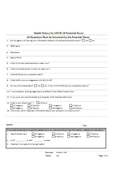 health history form for covid 19 potential donor