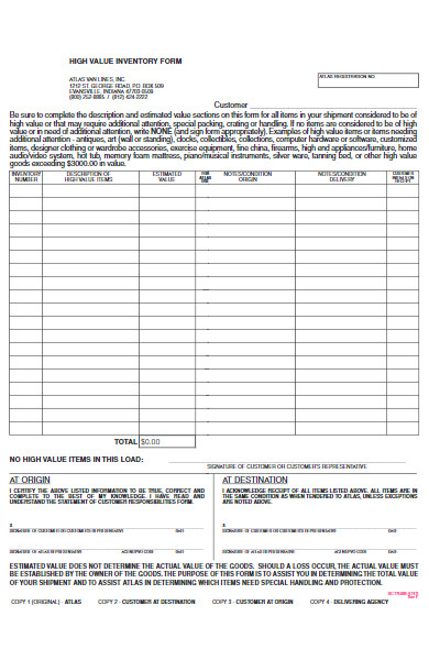 high value inventory form