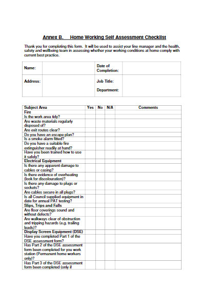 home working self assessment checklist form