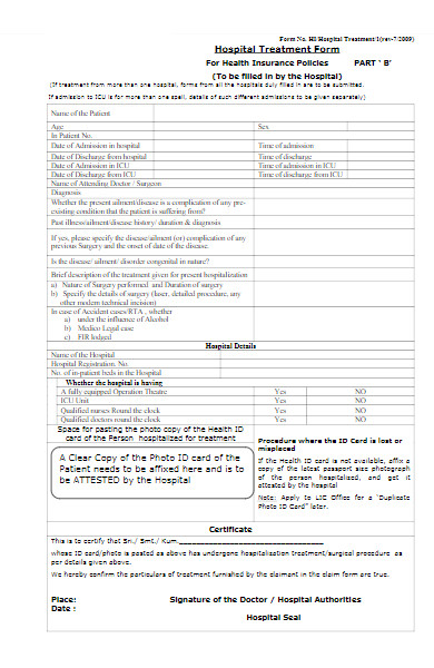 hospital treatment form for insurance