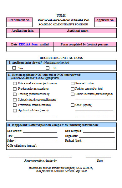 individual application summary form